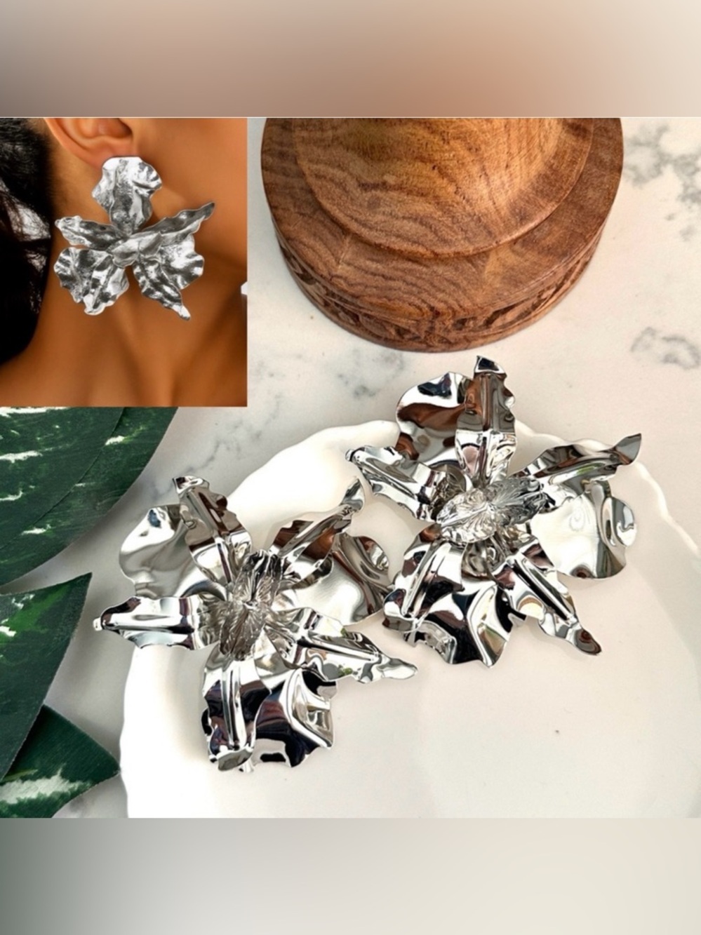 2/$30 Silver Flower Earrings Iris Zara Statement Jumbo Garden Floral New